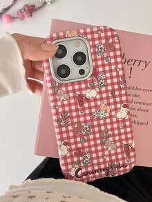 Fresh Red Plaid Cute Rabbit & Flower Phone Case Compatible With Iphone 16, 15, 14, 13, 16 Pro Max, 15 Pro, 16 Max, Heart-Shaped Camera, Full Coverage, Anti-Drop, Electroplated, Women's Style, Only Compatible With IPhone 16 And 17 - Red - View 4
