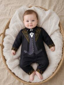 Vintage Floral Gentleman Style Baby Boy Jumpsuit, Gold Foil Pattern Lapel Snap Button Infant Wear - Multicolor - View 1