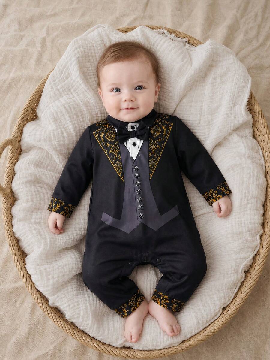 Vintage Floral Gentleman Style Baby Boy Jumpsuit, Gold Foil Pattern Lapel Snap Button Infant Wear - Multicolor - View 1
