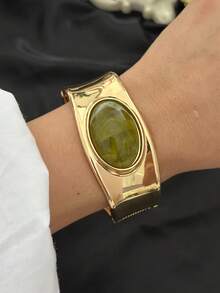 Vintage Multi-Layer Hollow Metal Bracelet, Oval Natural Stone Inlaid, Light Luxury Elegant Open Bangle, Niche Design Geometric Square Gemstone Wrist Accessory, Gradient Texture, Versatile Daily Commute Hand Jewelry, French Soft Style Multi-Layer Striped Bracelet - Multicolor - View 13