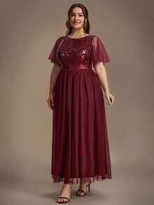 EVERPRETTY Plus Size Elegant Luxury Heavy Embroidery Sequin Mesh Patchwork Ruffle Sleeve A-Line Burgundy Formal Evening Gown For Evening Party Wedding Guest - Burgundy - View 5