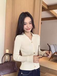 Women's Design Metal Button Lapel Ribbed Knit Cardigan, Single-Breasted Slim Fit Flattering Inner Layer Sweater Top, Autumn/Winter New Style - Apricot - View 4