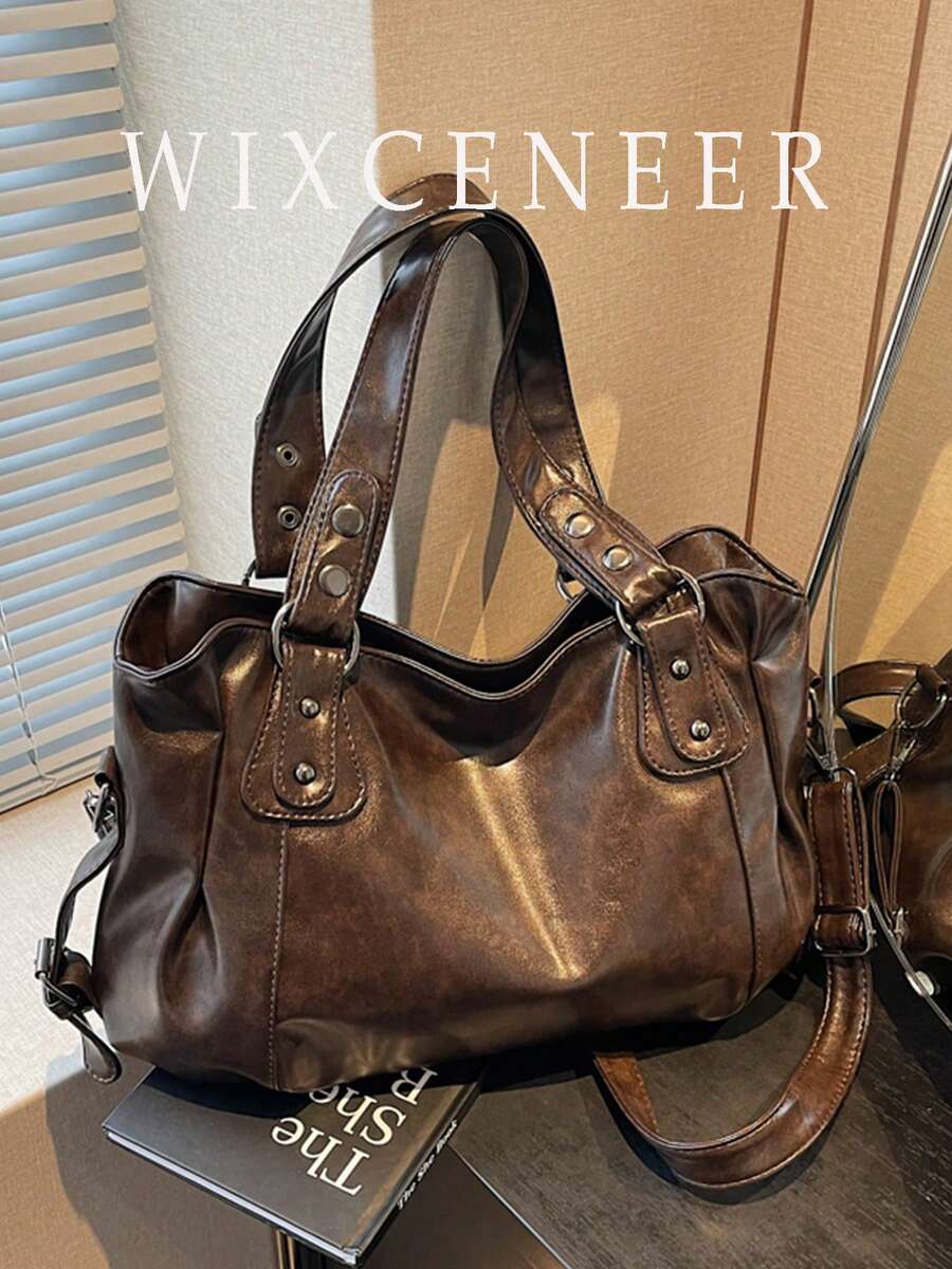 Women's Vintage Tote Bag, Rivet Decor Adjustable Dual‑Use Shoulder Crossbody Bag, Large Capacity Casual Handbag For Daily