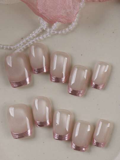 10 piezas de uñas postizas de presión estilo francés rosa metálico, suministros de arte de uñas, uñas postizas cortas para oficina y uso diario, kit de uñas artificiales que incluye 1 hoja de pestañas adhesivas y 1 lima mini