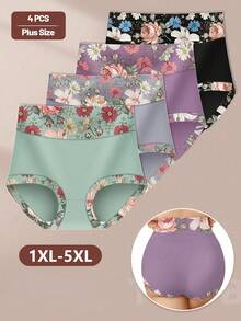 MIOTAN 4pcs Plus Size Women's High Waist Soft & Comfortable Printed Briefs, Everyday Wear - Multicolor - View 4