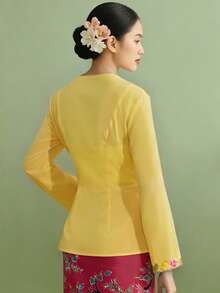 1pc Elegant Embroidered Long Sleeve Blouse For Women, Suitable For Holiday, Birthday, Party, Daily Wear - Yellow - View 2