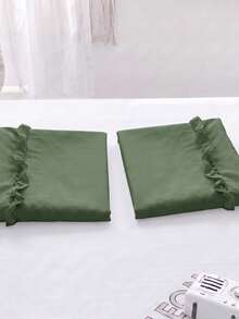 1pc/2pcs Solid Army Green Pillowcase With A Bow And Ruffle Trim (Without Insert), Polyester Fiber Comfortable And Breathable Suitable For All Seasons, Applied To Bedroom Scenes And Home Decoration, Simple Classic Style, Cozy Bedding, Home Decor - Army Green - View 6