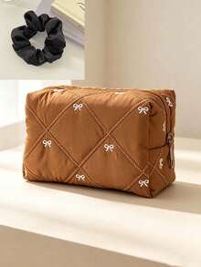 1pc/2pcsChic Style Quilted Cosmetic Pouch, Rectangular Box‑Shaped, Diamond Stitching With Bow Embroidery Detail, Zipper Closure, Cosmetic Storage, Travel Toiletry Bag, Suitable For Daily Makeup Organizing, Weekend Trip, Business Travel, All Season - Multicolor - View 10