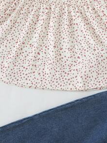 Girls' Gentle Small Ditsy Floral Half-Button Puff Sleeve Blouse & Elastic Waist Wide Leg Denim Jeans Casual 2-Piece Set, Spring/Autumn - Multicolor - View 6