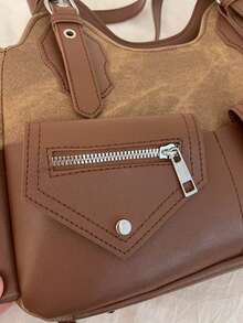 Fashionable Minimalist Multi-Pocket Tote Bag - Brown - View 8