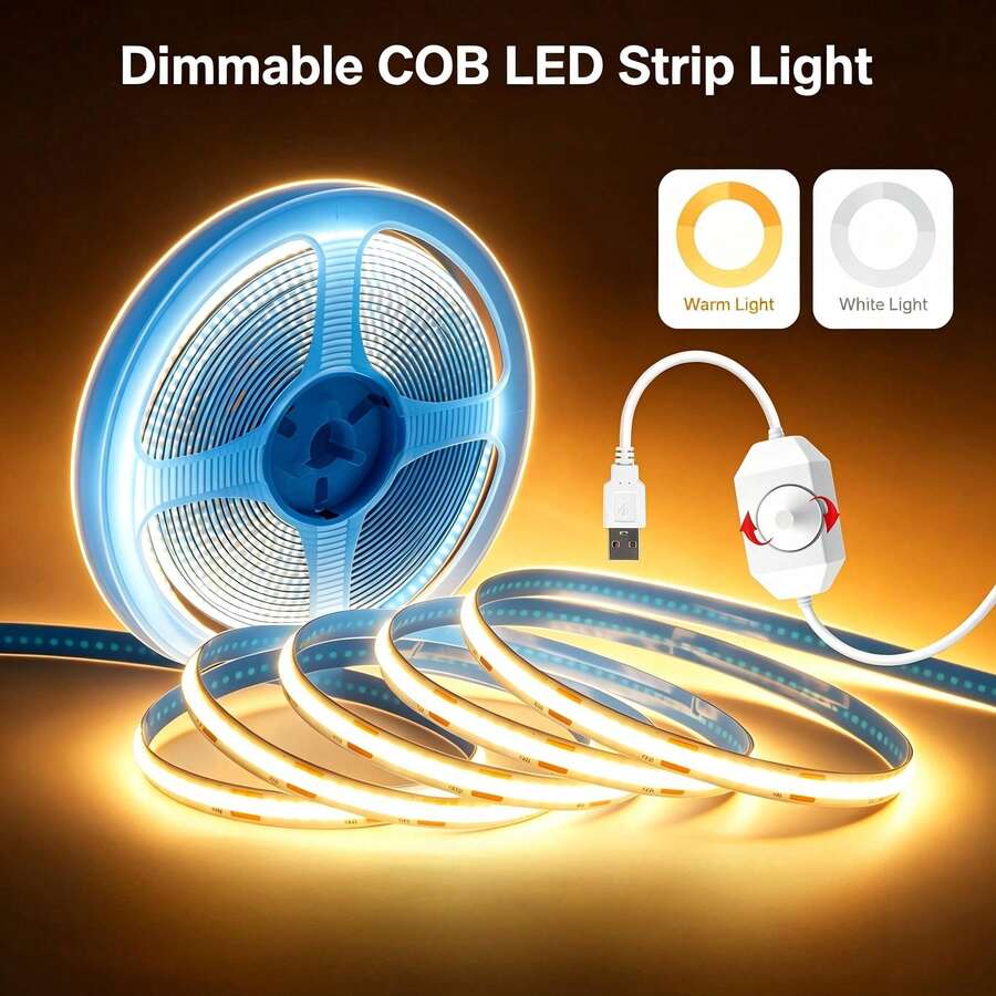5V USB Powered Dimmable Dual‑Color LED Tape Light, ,COB LED Strip Light, Self‑Adhesive Flexible Under Cabinet Lighting, Warm & White Light For Kitchen Closet Bedroom Home Decor - Multicolor - View 1