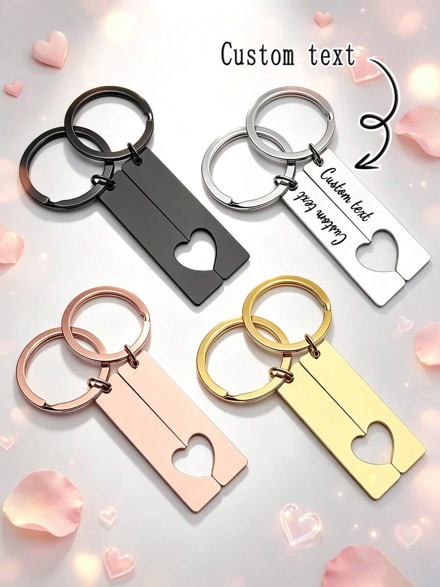2Pcs Custom Text Engraved Couple Split Heart Keychains Set, Personalized Name Date Metal Matching Key Ring, Romantic Valentine Anniversary Birthday Gift For Boyfriend Girlfriend - Multicolor - View 1
