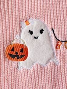 Girls Cute Ghost Embroidered Knit Pullover Sweater, Suitable For Halloween, Spring, Autumn, Winter - Pink - View 8