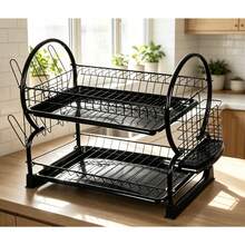 2-Tier Dish Drying Rack With Drain Tray, Cutlery Holder & Cup Rack, Large Capacity Metal Kitchen Organizer – Black / Silver - Black - View 4