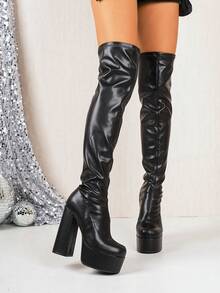 Women's Thick Sole High Heel Round Toe Over-The-Knee Wedge Fashion Boots - Black - View 4
