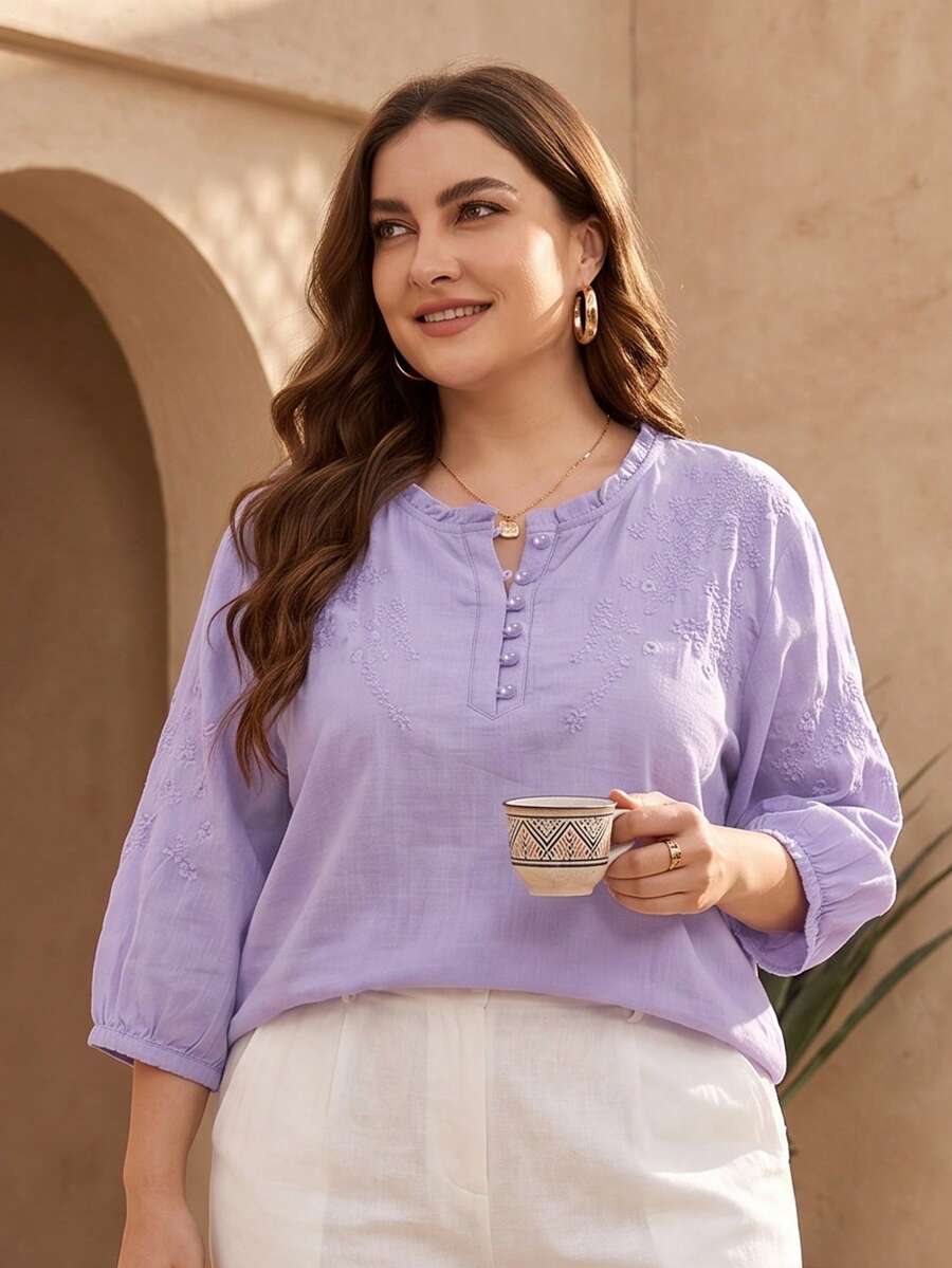 Women's Spring Summer Autumn Elegant Vintage Casual Minimalist Romantic Viscose Embroidered Lightweight Loose Fit Mid-Sleeve Plus Size Blouse, Commute Vacation Outing Versatile Holiday Daily Tea Party Embroidered Shirt, Summer Outfits, Casual Woman, Country Outfits