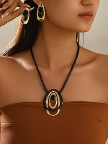 3pcs/Set Retro Geometric Oval Black Golden Pendant Necklace +Earrings , Contrast Color Rope Chain Women's Jewelry For Party Daily Wear Vacation Dates - Gold Black - View 1