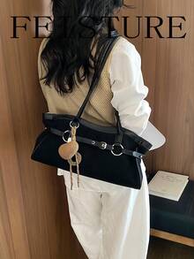 FEISTURE 1件裝麂皮女款扣飾肩背包，時尚吊飾手提包，適合女孩、女性、大學生、職場新人與白領上班族，完美適用於工作、商務、通勤與上學 - 黑色 - 查看 6