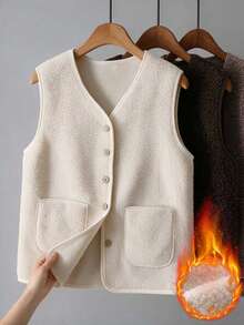 SEREN Women's V-Neck Vest, Thick Winter Vest Jacket For Outerwear, Suitable For Daily Wear And Commuting - Apricot - View 5