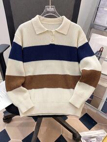 1pc Boys Teenager Striped Colorblock Half-Zip Sweater, Suitable For Commuting And School, Autumn/Winter - Apricot - View 4