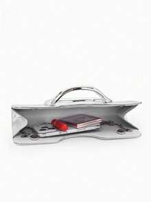 Minimal Evening Clutch, Long Rectangular Hard Frame Bag, PU Leather, Curved Silver Ring Handle, Women Stylish Handbag For Wedding & Evening Banquet - Silver - View 5