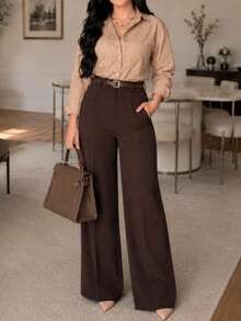 Women's Solid Color Casual Versatile Wide Leg Pants For Daily Wear - Brown - View 4