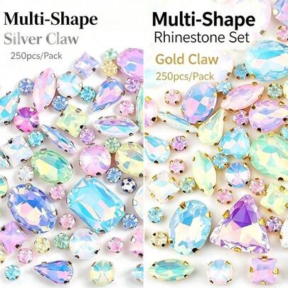 250pcs/Pack, Assorted Shapes Mixed, Multi-Color Rhinestones, Colorful Hand-Sewn Crystals, Gold Claw, Silver Claw, Clothing Apparel Shoes Hats Bags DIY Material Accessories