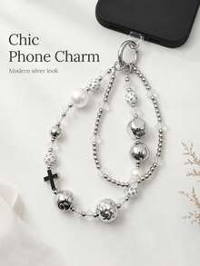 1pc Aesthetic Silver Cross Star Phone Chain, Crystal Beaded Multi-Layer Buckle Lanyard, Versatile Decorative Strap For Students Daily Photography - Silver Double Chain - View 4