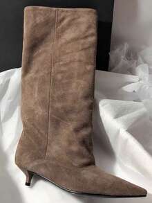 French Blogger Style Pointed Toe Wide Shaft Knee-High Boots, Nordic Kitten Heel Riding Boots For Women - Brown - View 5