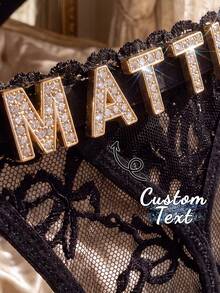 Customized Name Letter Pendant Lace Thong Panties, Personalized Sparkling Rhinestone Sexy Lingerie, Creative Gift For Women's Birthday, Anniversary, Valentine's Day - Black - View 9