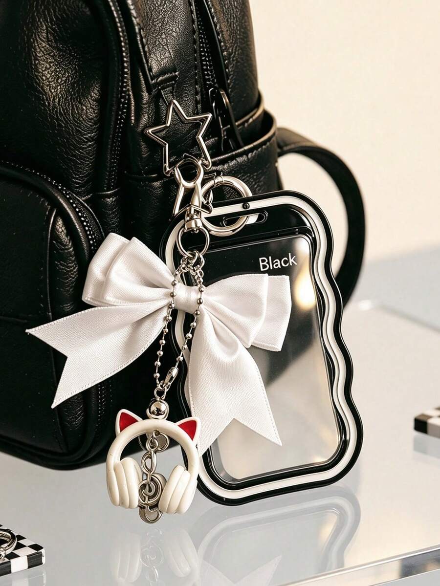 Bow Shaped Cat Ear Headphones With Transparent Wave Edge Card Bag, Star Buckle And Bead Chain, Card Cover, Id Cover, Bag Pendant, Christmas, Halloween,Travel Essential - Multicolor - View 1