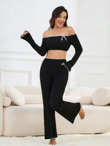 Women's Spring Autumn Winter Sweet Bow Fashion Ruffle Lace Solid Color Slim Fit Sexy Off-Shoulder Bell Sleeve Long Sleeve Casual Double Pocket Pants Comfortable Loungewear 2-Piece Set - Black - View 6
