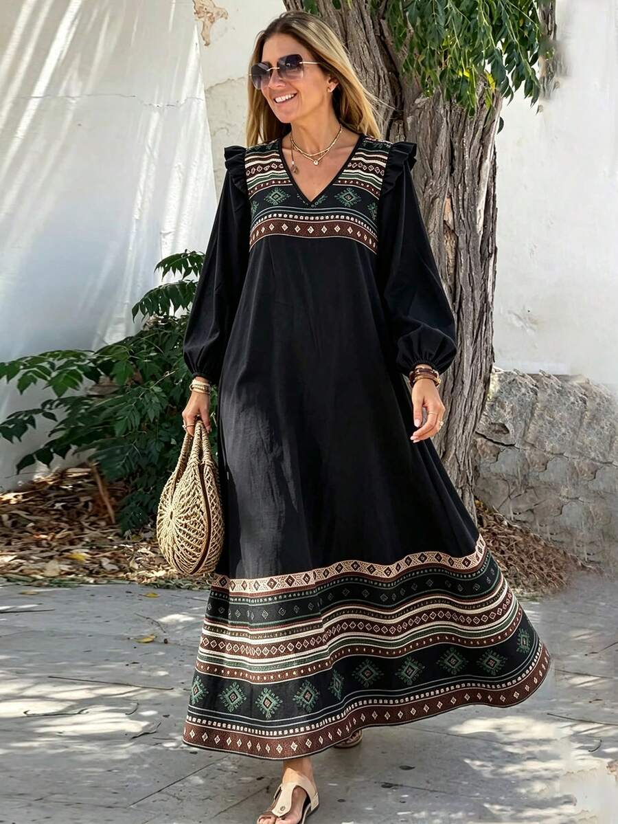 Women'S Boho Black Fall Geometric Print V Neck Long Puff Sleeve Maxi Dress, Ruffle Loose Fit For Daily Casual Outfits - Black - View 1