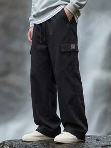 Men's Cargo Pants, Black Outdoor Loose Fit Sports Pants, Straight Leg Wide Leg Long Pants, Drawstring Waist Multi-Pocket Casual Pants, Slimming Versatile Daily Commute - Black - View 2
