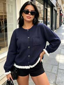 Plus Size Women Casual Cardigan With Bow Button, Color Block Patchwork, Pocket Design, Autumn/Winter - Royal Blue - View 11