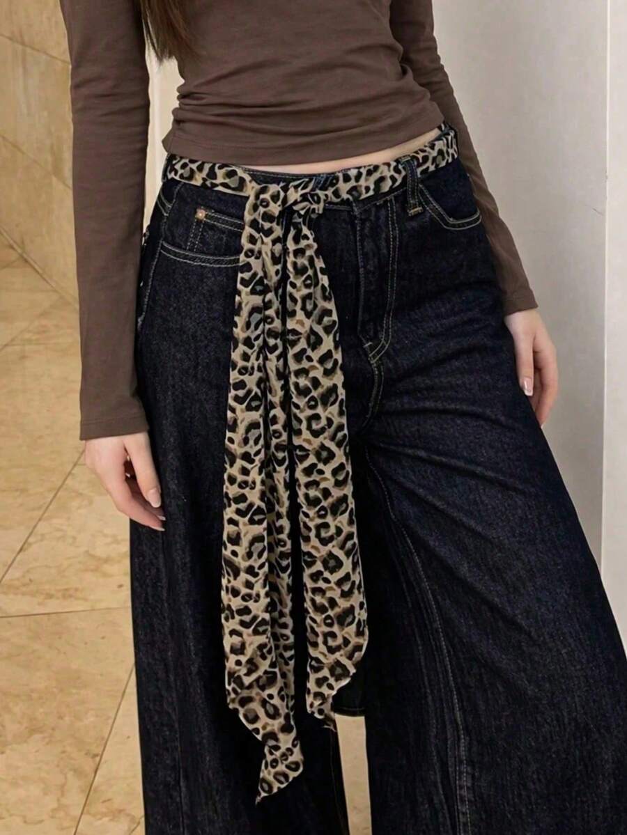 1 buah Syal/Tas Sutra Motif Leopard Y2K Seksi, Dasi Wanita Multifungsi, Aksesori Gaya Jalanan