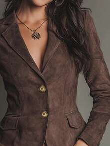 Women's Brown Suede Blazer, Long Sleeve, Button Detail Collar, Suede Fashion Autumn Jacket - Coffee Brown - View 4