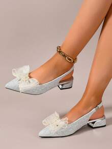 Wanwan Shoes 法式粗跟高跟尖頭女鞋 2026 春季新款 中跟大尺碼顯瘦女鞋 亮片防滑格紋布面 鑲鑽蝴蝶結 金屬鞋跟帽 純色尖頭低筒無綁帶粗方跟單鞋 歐美明星風 春夏秋 婚禮伴娘晚宴約會通勤日常女鞋 粗跟涼鞋 - 銀色 - 查看 7