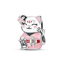 1pc Silver Plated Cute Pink Japanese Kimono Sakura Lucky Cat Beaded Charm - Silver - View 1