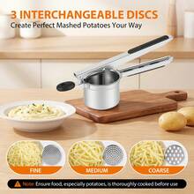 Vandise Stainless Steel Potato Ricer With 3 Interchangeable Discs (Fine/Medium/Coarse) - Silicone Handle Vegetable Press For Fluffy Mashed Potatoes, Baby Food, And Fruit Juicer - Dishwasher Kitchen Tool - Silver - View 7