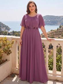 EVERPRETTY Vestido de Dama de Honor de Talla Grande Elegante con Aplicaciones, Manga con Volantes, Plisado de Gasa, Vestido Largo Formal para Invitada de Boda, Fiesta de Otoño - Púrpura malva - Ver 1