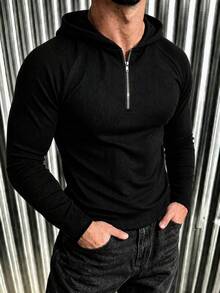 New Men's Casual Classic Ribbed Texture Raglan Sleeve Hooded Half-Zip Versatile Long Sleeve T-Shirt - Black - View 4