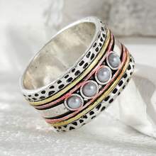 Vintage Multi-Layer Hammered Texture Ring, Round Faux Pearl Inlaid Wide Band - Silver - View 13