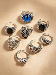 15 Pcs Vintage Gothic Punk Rings Set, Antique‑Silver Animal Claw Dragon Carved Black Oil Drop Red Rhinestone Stackable Finger Rings For Men - Vintage Engraved Drip Ring - View 5
