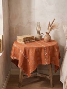 1pc Orange-Red Background White Flower Geometric Embroidered Tablecloth, Vintage Pastoral Style Fabric Material, Round Floral Vine Embroidery Detail Decoration, Home Use Round Tablecloth Suitable For Daily Home And Vintage Dining Table Arrangement - Orange - View 2