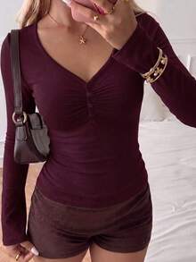 Top NOIRLYN pour femmes Y2K automne décontracté sexy blocs de couleurs coupe slim manches longues col en V, convient pour le port quotidien - Violet - Voir 3