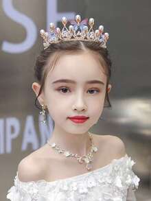 4pcs Kids Jewelry Set, Exquisite Rhinestone Crown Necklace & Earrings, Children's Dress-Up Performance Accessories, Baby Birthday Gift - Gold - View 1