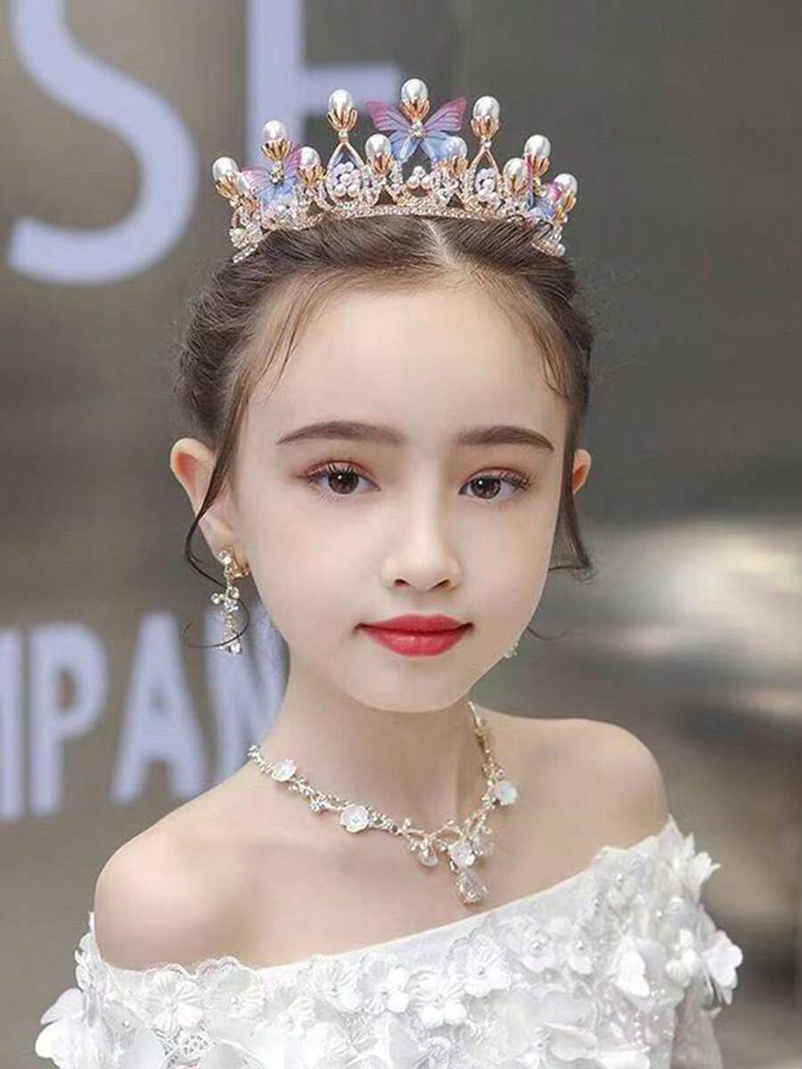 4pcs Kids Jewelry Set, Exquisite Rhinestone Crown Necklace & Earrings, Children's Dress-Up Performance Accessories, Baby Birthday Gift - Gold - View 1
