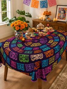 1 pieza Mantel redondo del Día de Muertos, mantel de poliéster con estampado de tiras de papel de calaveras coloridas, estilo mexicano para mesa de comedor, cocina, fiesta del Día de Muertos, celebración festiva y decoración del hogar - Multicolor - Ver 8