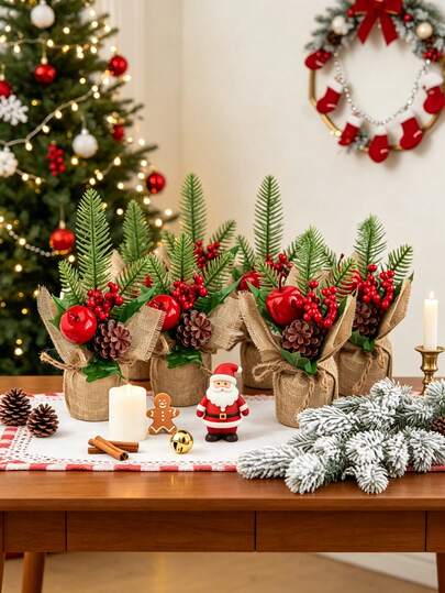 1 pieza Árbol de Navidad artificial mini de 8.66 pulgadas con bayas rojas y piñas, adecuado para decoración navideña, decoración de mesa, decoración del hogar, decoración navideña, regalo de cumpleaños